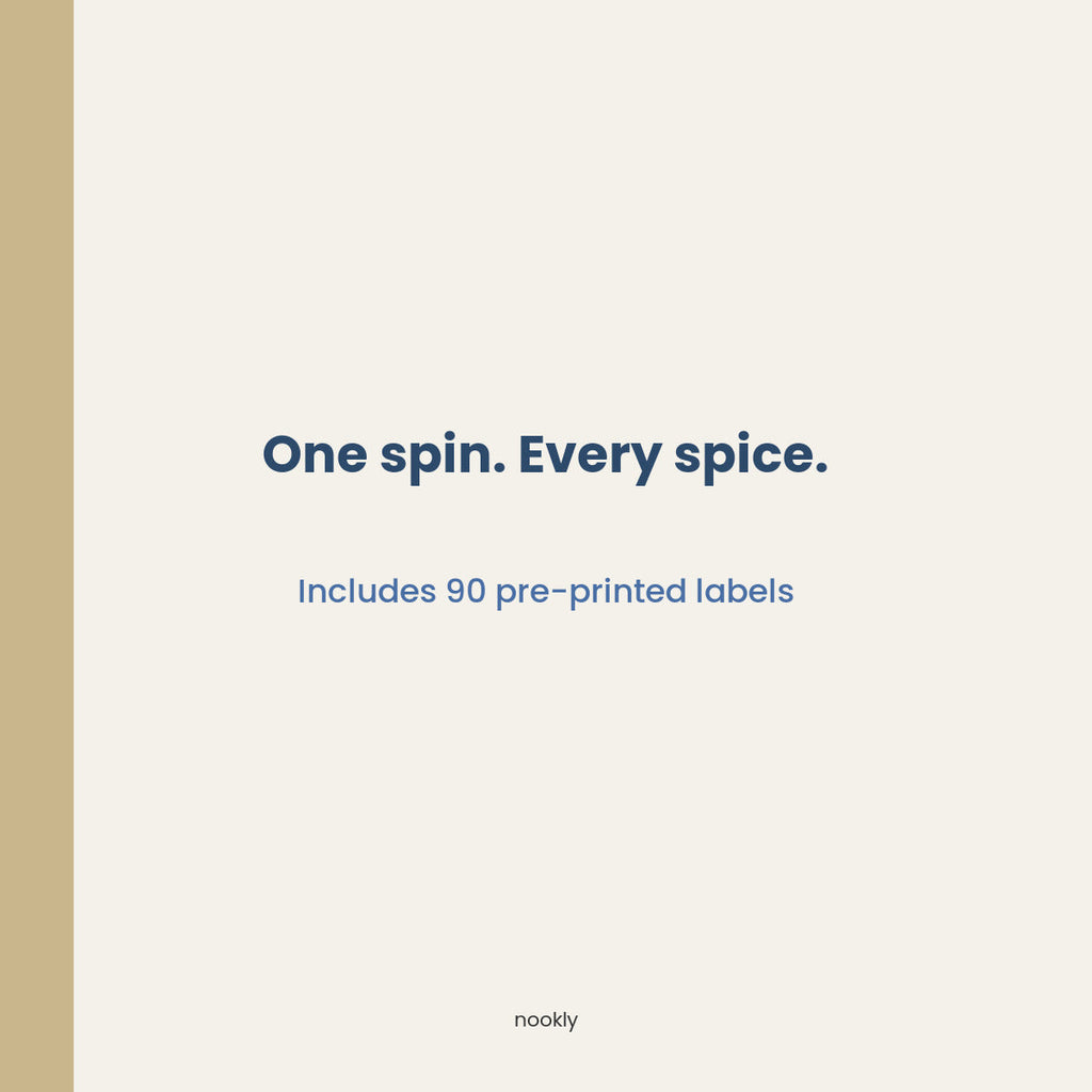 One spin. Every spice. Bamboo spice rack with 90 pre-printed labels included — Nookly