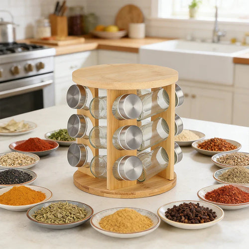360 degree rotating bamboo spice rack with 12 jars