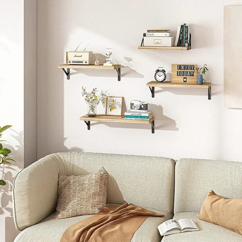 Adhesive mount wooden floating wall shelves